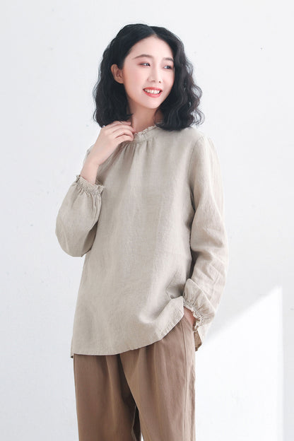 Back Buttons Long Sleeve Ruffle Linen Tops C2717