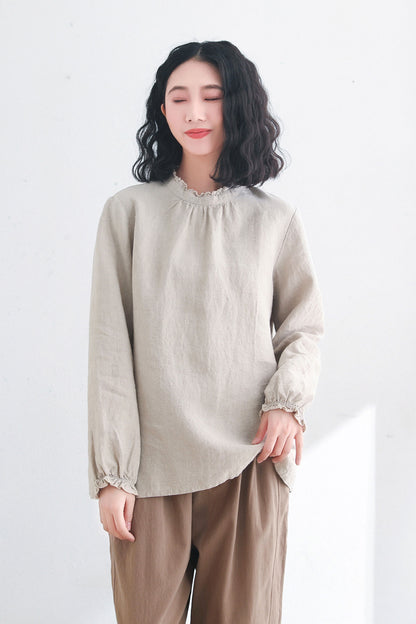 Back Buttons Long Sleeve Ruffle Linen Tops C2717