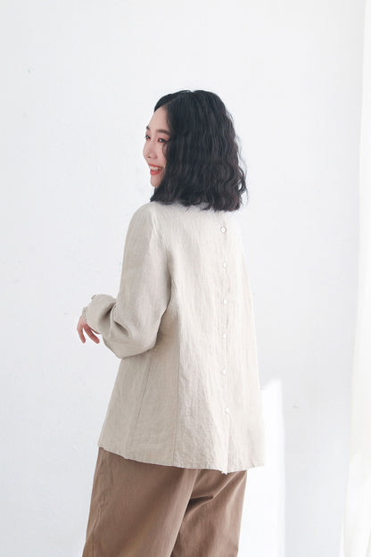 Back Buttons Long Sleeve Ruffle Linen Tops C2717