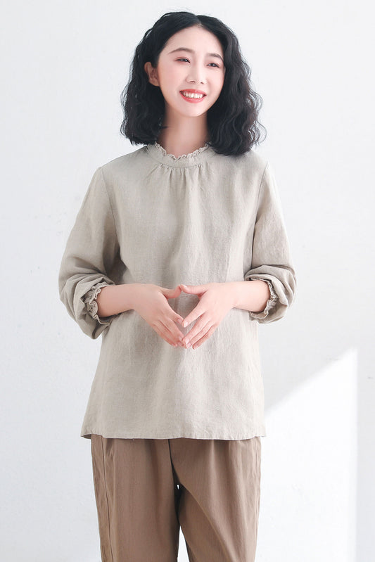 Back Buttons Long Sleeve Ruffle Linen Tops C2717