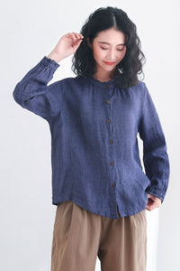 Blue Vintage Check Linen Tops Clothing C2718