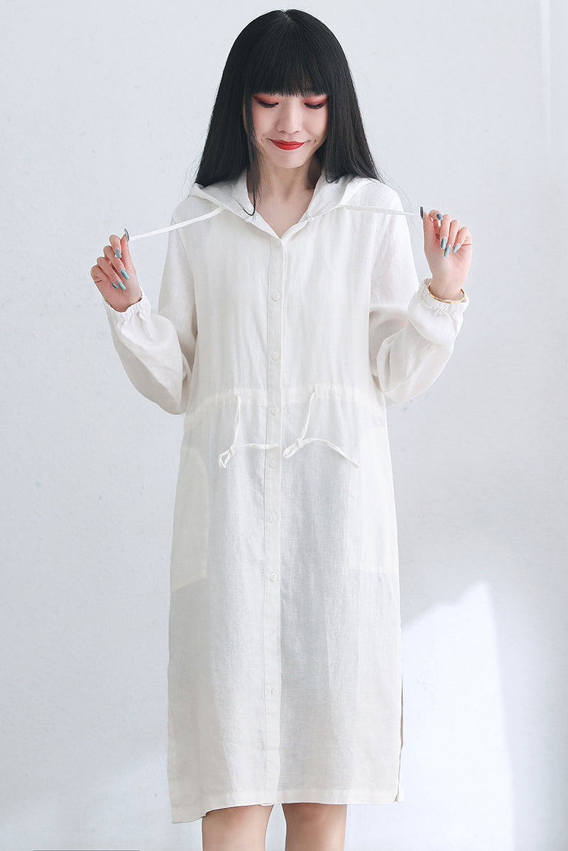 White Hooded Plus Size Linen Jacket C2663#CK2101717