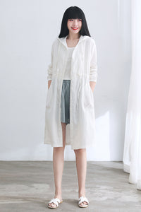 White Hooded Plus Size Linen Jacket C2663#CK2101717
