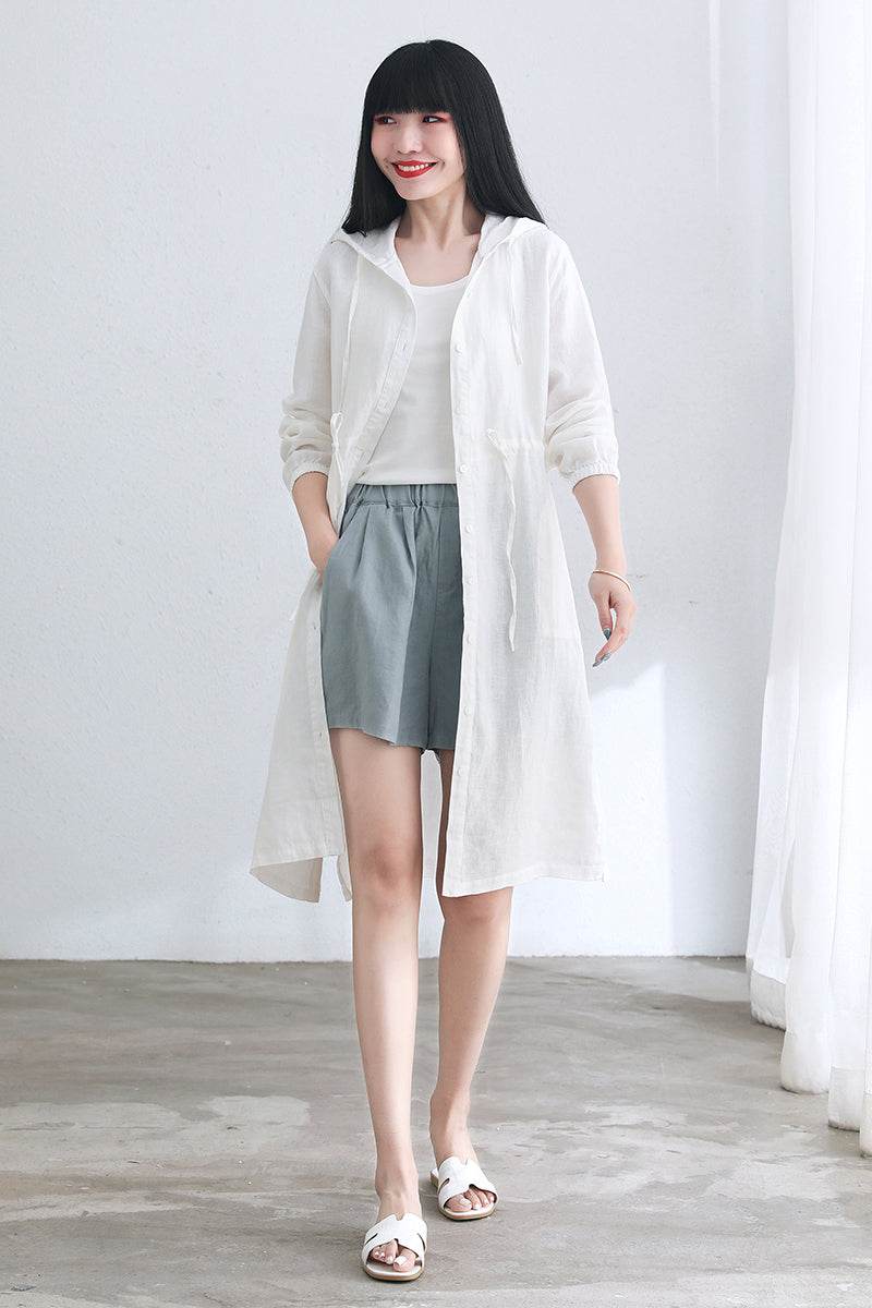 White Hooded Plus Size Linen Jacket C2663#CK2101717