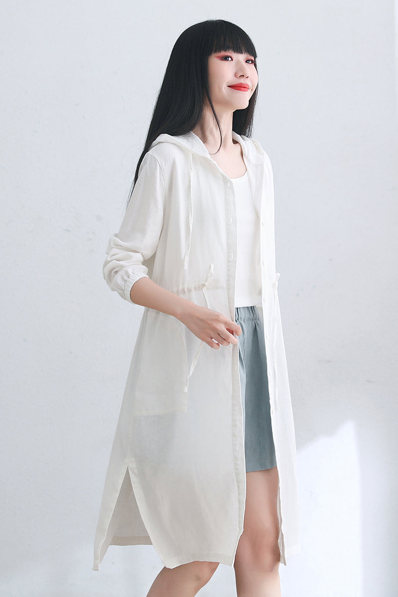 White Hooded Plus Size Linen Jacket C2663#CK2101717