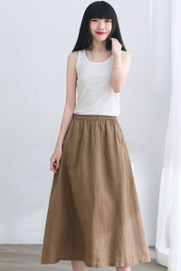 Brown Midi A Line Linen Skirt C2665#CK2101718