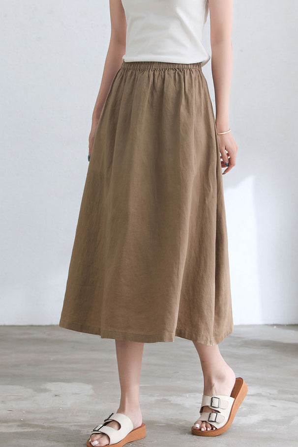 Brown Midi A Line Linen Skirt C2665#CK2101718