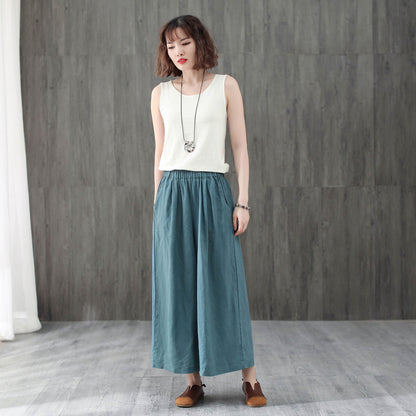 Blue Crop Wide Leg Elastic Waist Linen Pants C1948