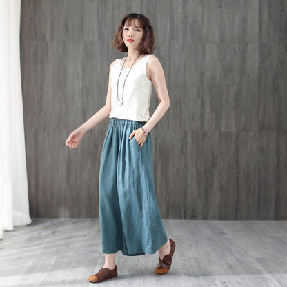 Blue Crop Wide Leg Elastic Waist Linen Pants C1948