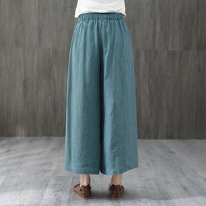 Blue Crop Wide Leg Elastic Waist Linen Pants C1948