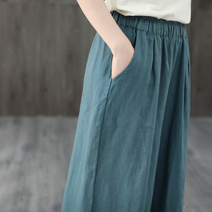 Blue Crop Wide Leg Elastic Waist Linen Pants C1948
