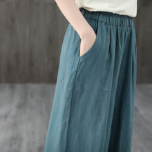 Load image into Gallery viewer, Blue Crop Wide Leg Elastic Waist Linen Pants C1948
