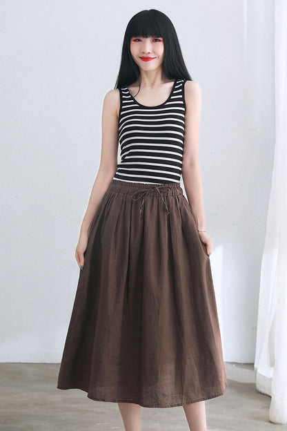 Retro Midi Coffee Linen Skirt C2673 #CK2101725