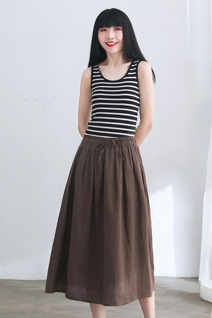 Retro Midi Coffee Linen Skirt C2673 #CK2101725