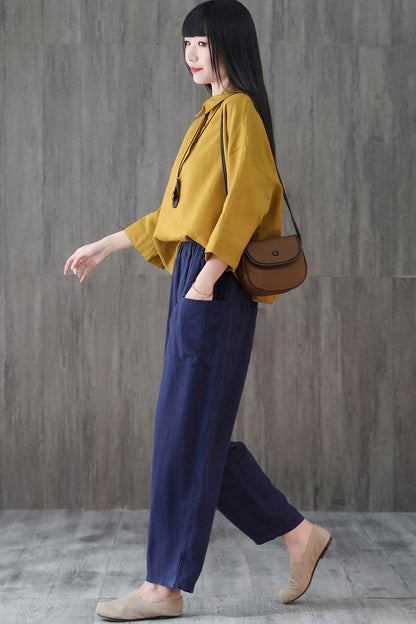 Women Cropped Elastic Waist linen Pants C1955 XS/L#yy00661