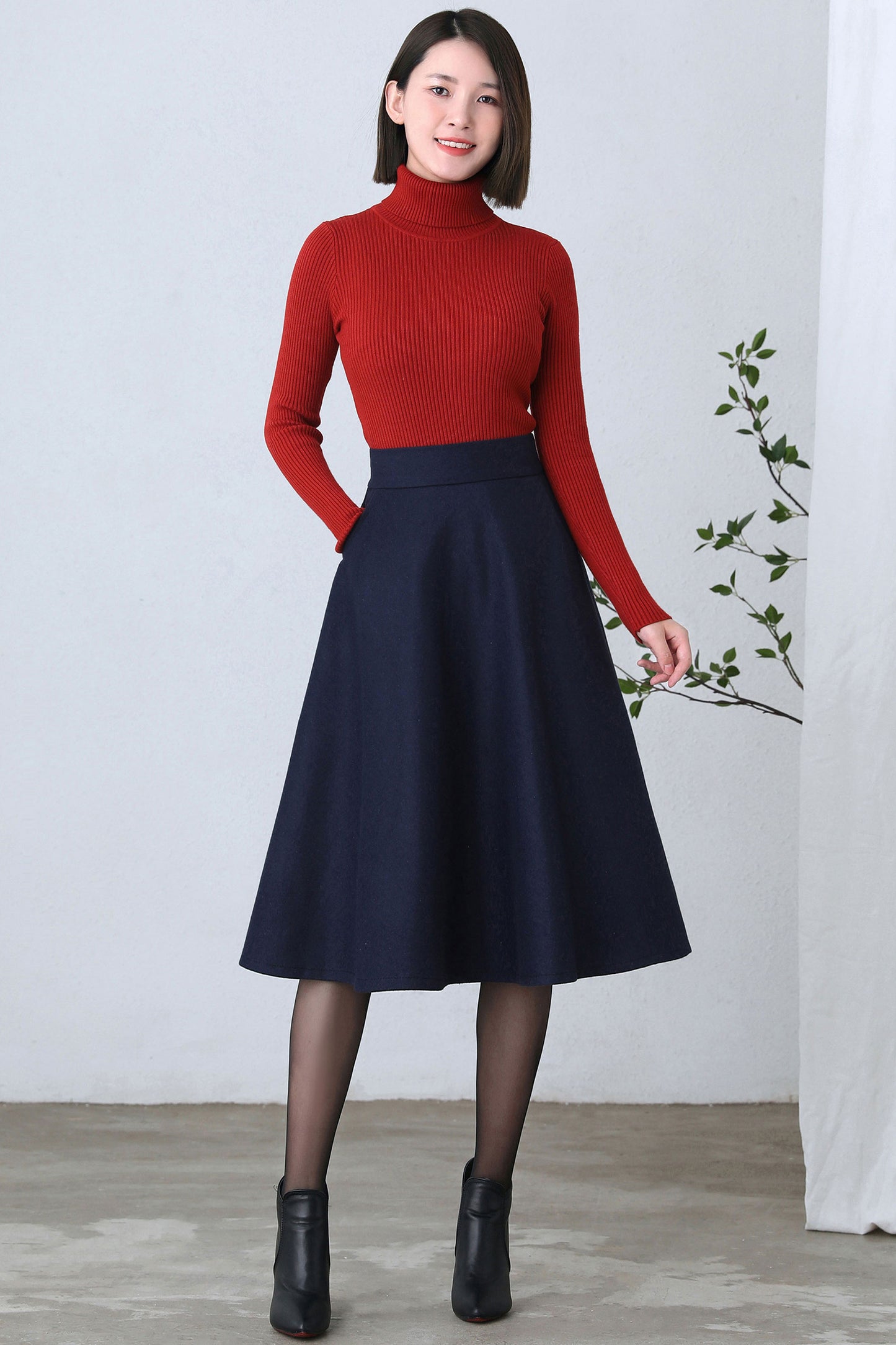 Dark Blue A Line Wool Skirt Women C2602