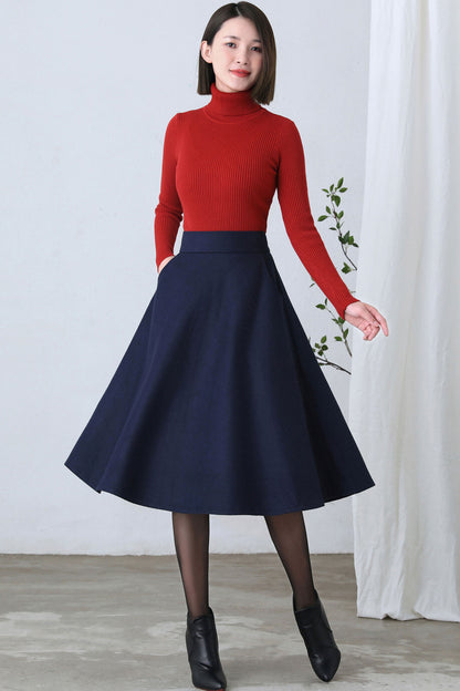 Dark Blue A Line Wool Skirt Women C2602