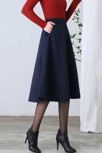 Dark Blue A Line Wool Skirt Women C2602