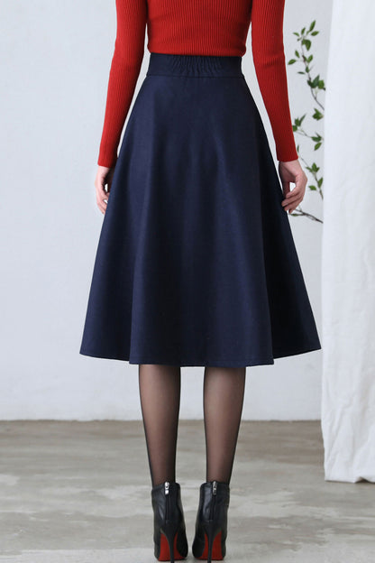 Dark Blue A Line Wool Skirt Women C2602