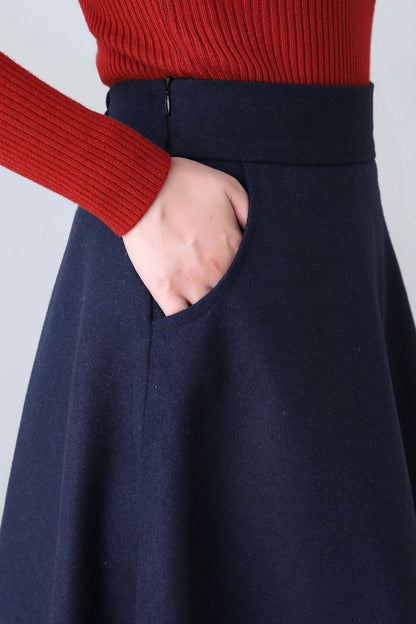 Dark Blue A Line Wool Skirt Women C2602