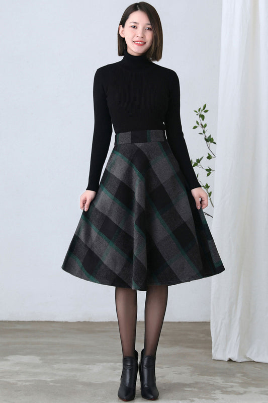 A Line Flared Midi Plaid Skirt Women C2603