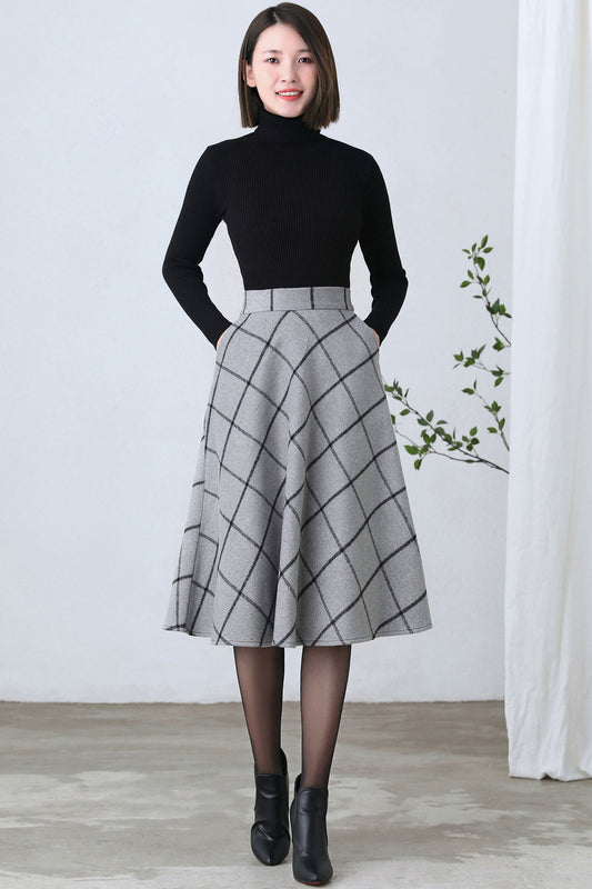 Swing Wool Plaid Midi Skirt Women C2605