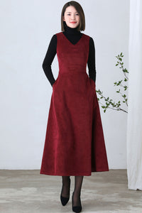 V Neck Fitted Maxi Pinafore Corduroy Dress C2608