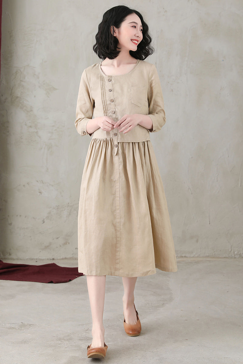 Khaki Women Asymmetrical Linen Maxi Dress C2739#CK2200559
