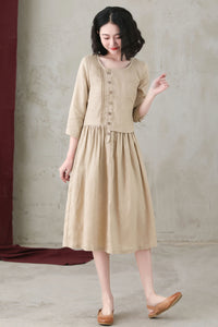 Khaki Women Asymmetrical Linen Maxi Dress C2739#CK2200559