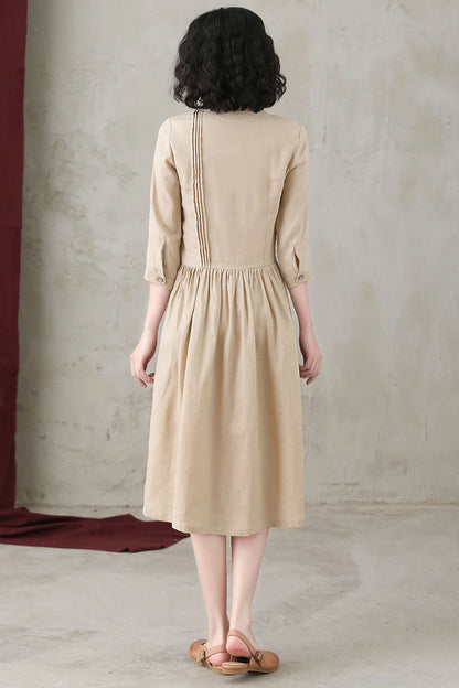 Khaki Women Asymmetrical Linen Maxi Dress C2739#CK2200559