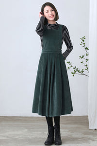Dark Green Pleated Corduroy Pinafore Dress C2613