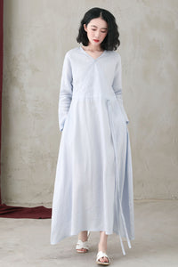 Spring Summer Long Sleeve Casual Maxi Linen Dress C2741#CK2200556