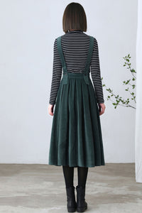 Dark Green Pleated Corduroy Pinafore Dress C4359