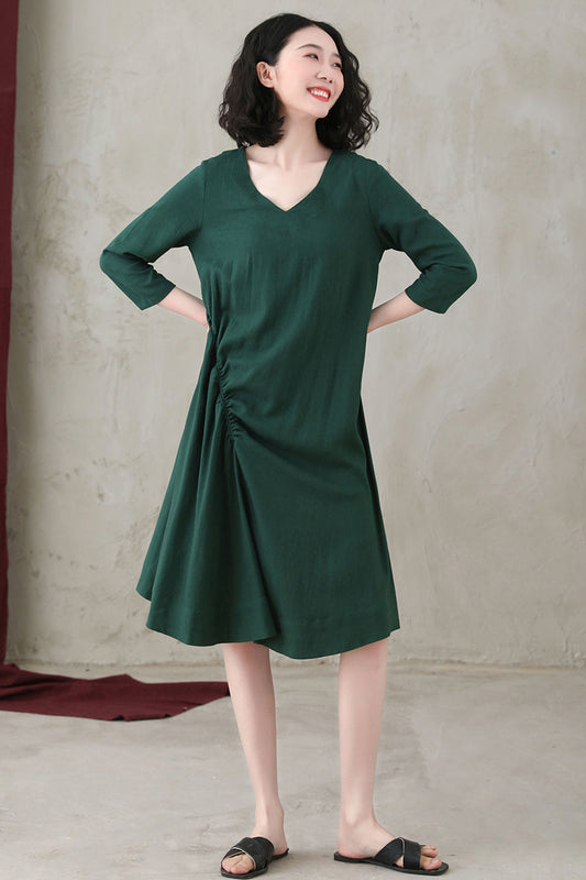 Summer Women Casual Green Linen A-line Dress C2742#CK2200550