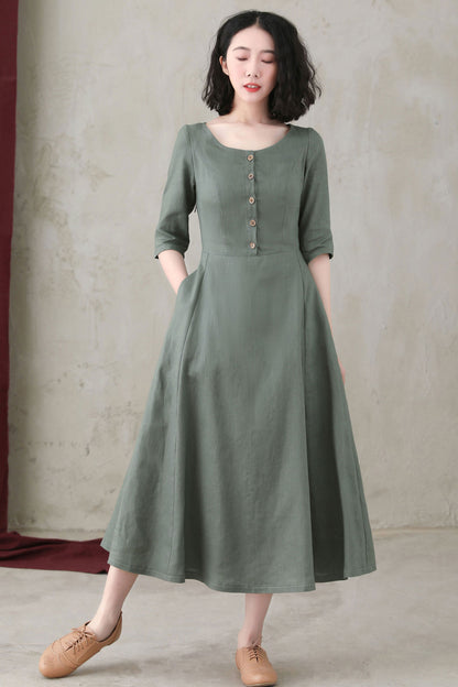 Summer Women Half Sleeve Long Linen Dress C2745#CK2200568