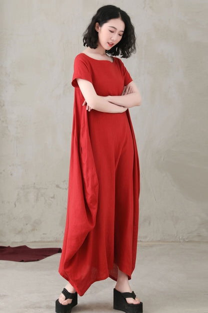 Women Comfy Loose Linen Summer Red Dress C2747 - Size XS #CK2200565