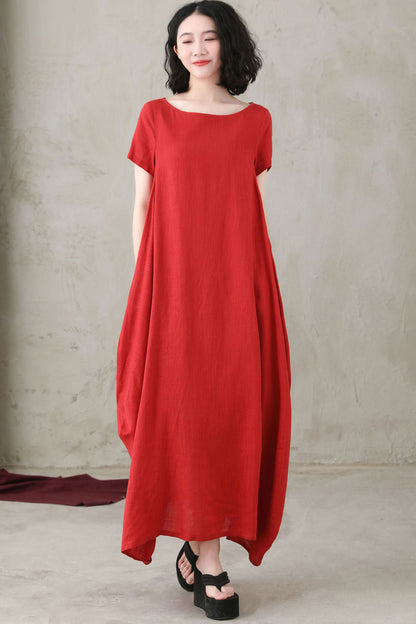 Women Comfy Loose Linen Summer Red Dress C2747 - Size XS #CK2200565