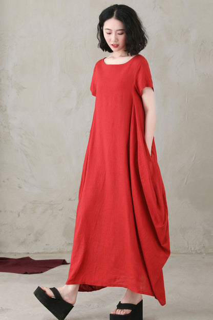 Women Comfy Loose Linen Summer Red Dress C2747 - Size XS #CK2200565