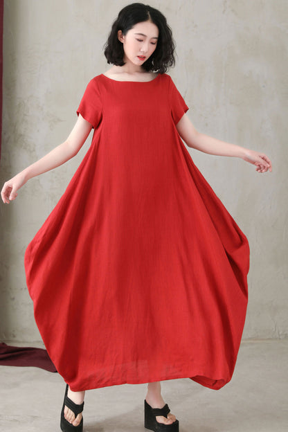 Women Comfy Loose Linen Summer Red Dress C2747 - Size XS #CK2200565