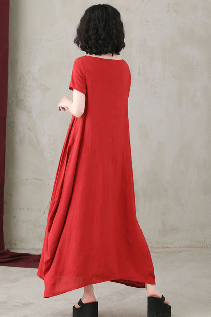 Women Comfy Loose Linen Summer Red Dress C2747 - Size XS #CK2200565