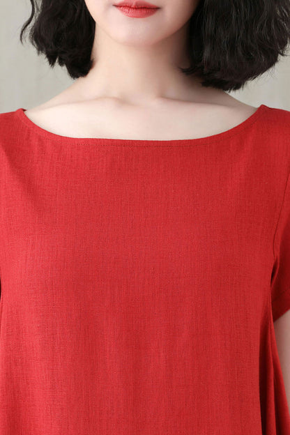 Women Comfy Loose Linen Summer Red Dress C2747 - Size XS #CK2200565