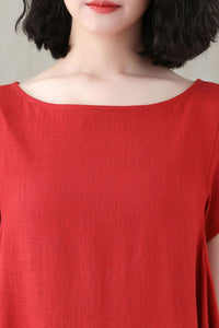 Women Comfy Loose Linen Summer Red Dress C2747#CK2200565