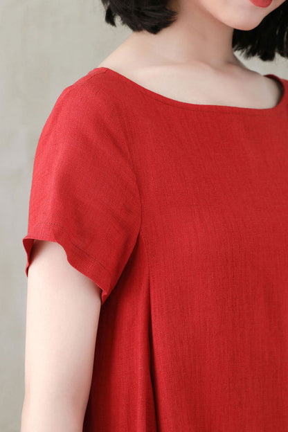 Women Comfy Loose Linen Summer Red Dress C2747 - Size XS #CK2200565