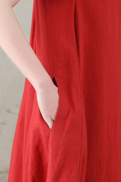 Women Comfy Loose Linen Summer Red Dress C2747 - Size XS #CK2200565