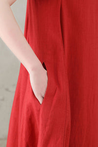 Women Comfy Loose Linen Summer Red Dress C2747#CK2200565