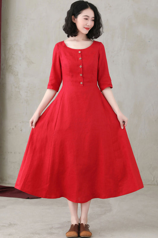 Summer Women Red Custom Linen Button Dress C2748#CK2200571