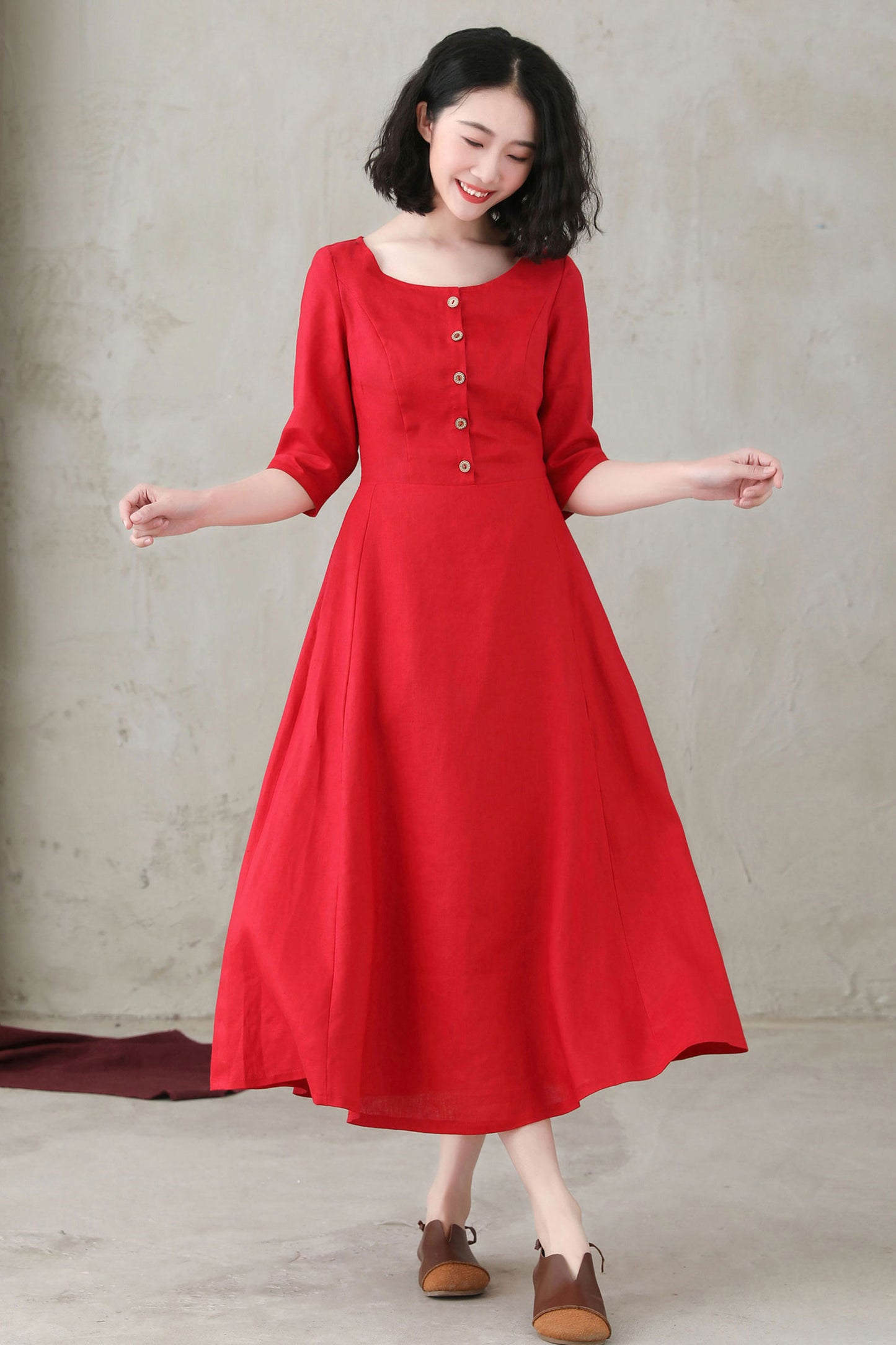 Summer Women Red Custom Linen Button Dress C2748#CK2200571