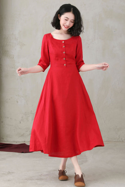 Summer Women Red Custom Linen Button Dress C2748#CK2200571