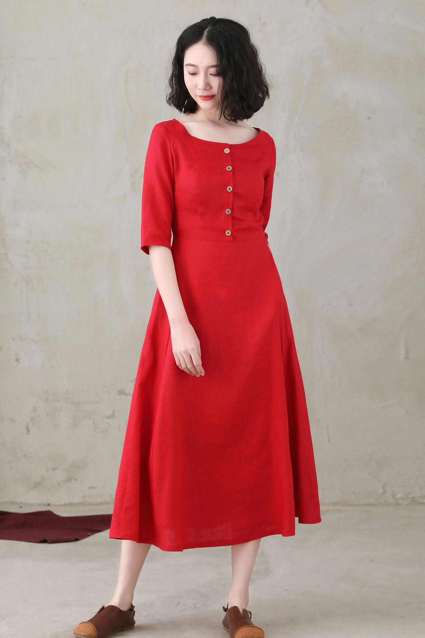 Summer Women Red Custom Linen Button Dress C2748#CK2200571