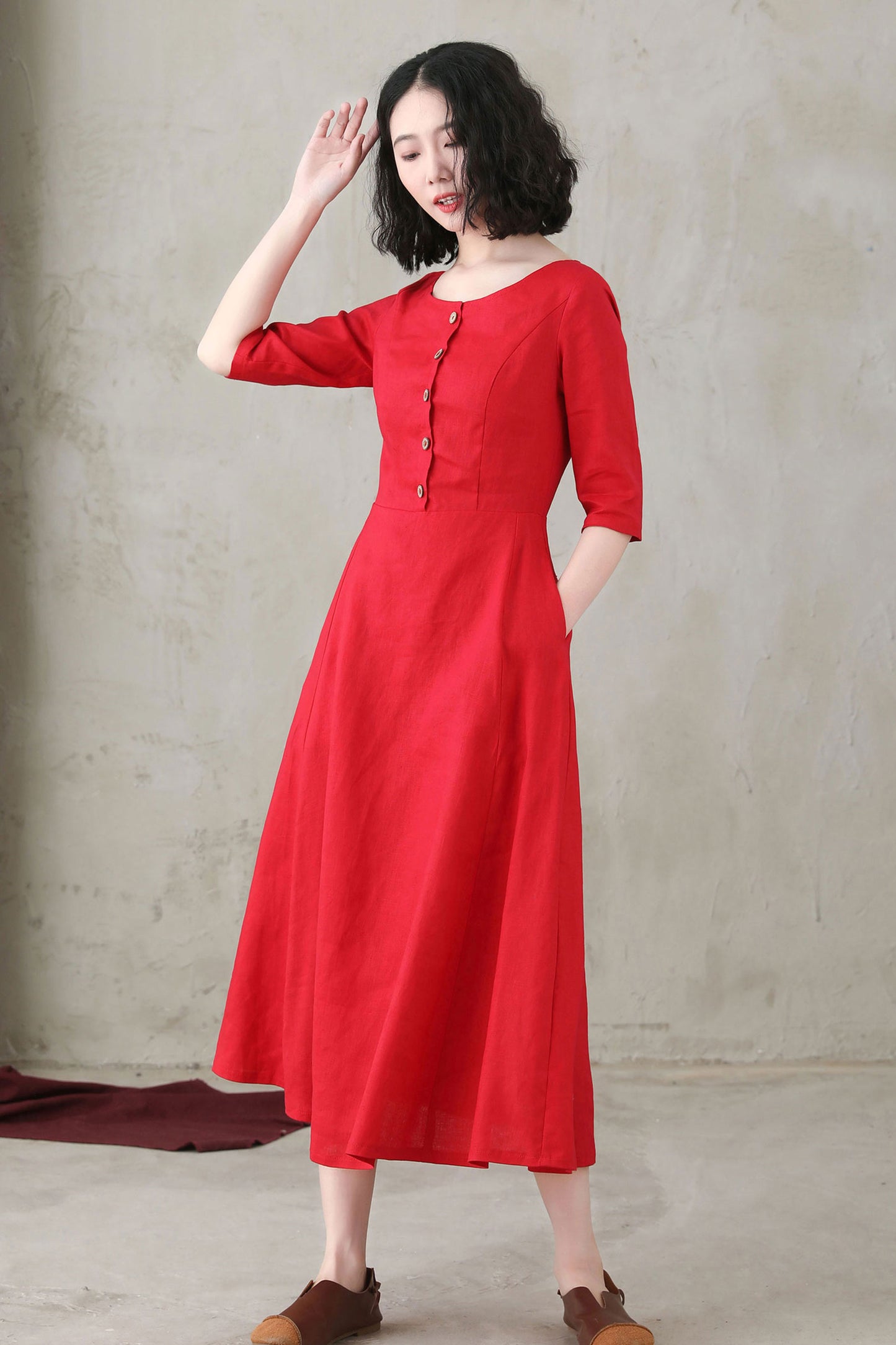 Summer Women Red Custom Linen Button Dress C2748#CK2200571